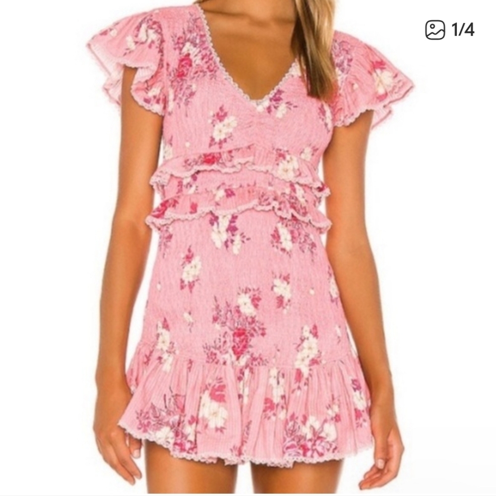 LoveShackFancy Sonora Ruched Ruffle Mini‎ Pink Dress M